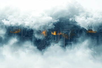A conceptual cloud technology background blends digital elements with a circuit board pattern in a soft white and blue palette, symbolizing cloud computing and modern data storage.