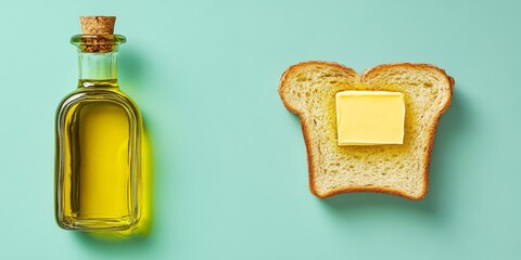 A green glass bottle of olive oil next to a piece of buttered toast, with a soft yellow and green background, captured in photorealistic style, ideal for cooking and nutrition content.