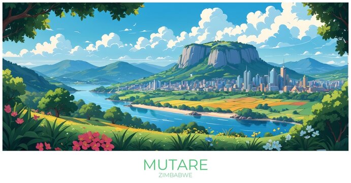 Mutare Zimbabwe Travel Poster Flat Illustration Print Decor Gift Canvas Wall Art
