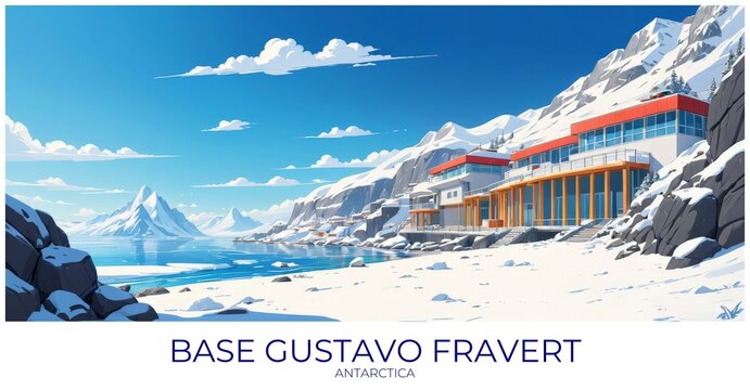 Base gustavo fravert Antarctica Travel Poster Flat Illustration Print Decor Gift Canvas Wall Art