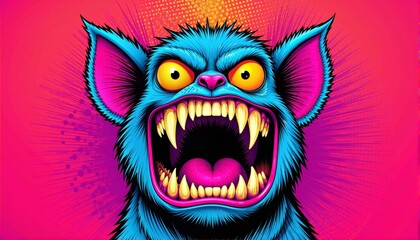 Vibrant blue creature with exaggerated features and a fierce expression