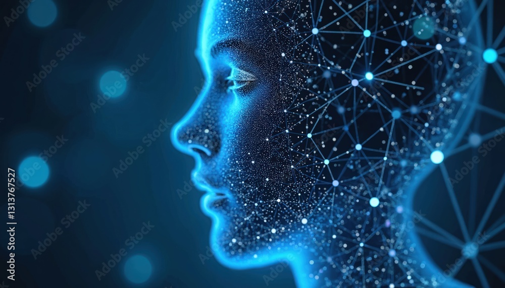 Aufkleber AI face portrait, neural network. Deep learning algorithms, language tech, data processing, machine learning, digital transformation, face recognition. Futuristic innovative solution, cyberspace