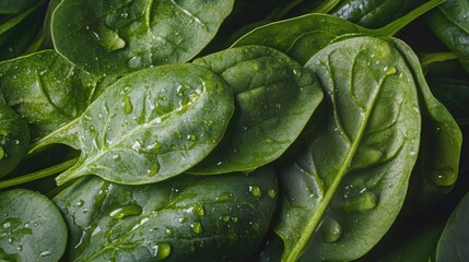 Fresh organic spinach leaves in close-up on wet surface, highlighting the vibrant green color and delicate veins.