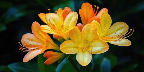 Fototapeta premium A bunch of yellow flowers with green stems. The flowers are in a dark background
