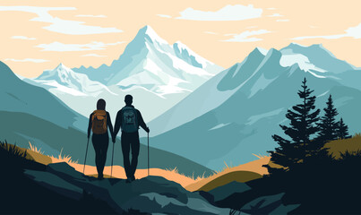 Fototapeta premium Minimalist Alpine Hiking Vector with Couple and Mountain Scenery in Flat SVG Style