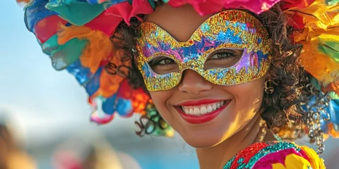 Lively masquerade masked dancer smiling on stage, wearing a vividly colorful costume with feathers and glitter.