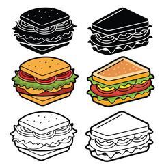 set of sandwich vector illustration outline coloring page silhouettes	