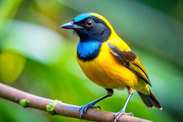 A small, vibrant bird with a bright yellow body and a striking black mask across its eyes