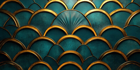 Fototapeta premium An elegant Art Deco wallpaper design features a teal and gold color scheme with symmetrical fan-shaped geometric patterns, blending vintage aesthetics with modern sophistication.