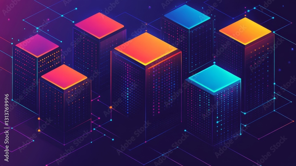 Poster isometric block chain network technology data transmission concept abstract futuristic digital backg