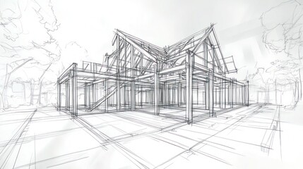 Fototapeta premium Architectural Blueprint Sketch of Contemporary Home with Natural Surroundings