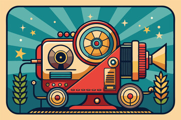 Vector illustration of a retro film projector with dramatic rays behind, evoking nostalgic cinema memories of adventure and storytelling