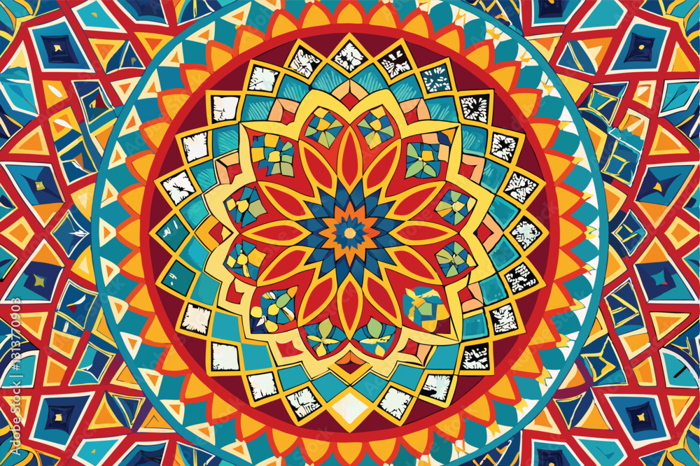 Poster colorful geometric mandala illustration with intricate patterns and vibrant colors designed for visu