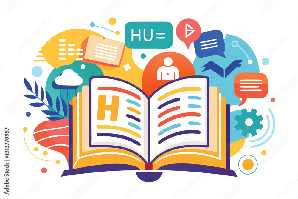 Aufkleber Colorful vector illustration of an open book with various creative elements surrounding it, symbolizing learning and imagination in a vibrant setting
