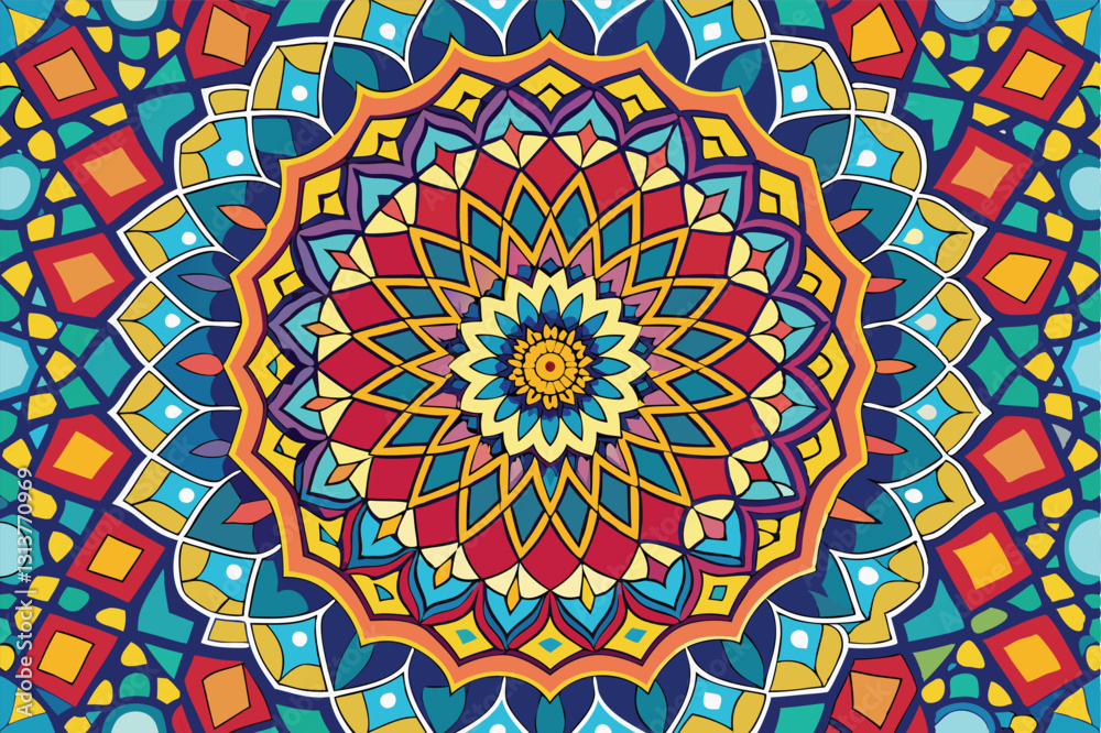 Poster colorful geometric mandala illustration with intricate patterns and vibrant colors designed for visu