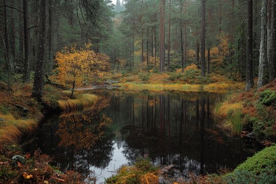 Autumnal pond surrounded by forest with misty reflection on water surface, capturing the tranquility of fall.