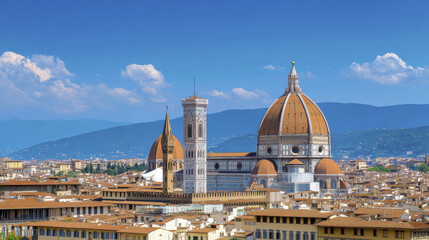 Obraz premium Florence skyline featuring iconic dome and bell tower, showcasing stunning architecture and vibrant blue sky. picturesque view of historic city