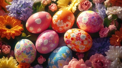 Fototapeta premium Brightly decorated Easter eggs in pastel colors with Japanese motifs, nestled among flowers.