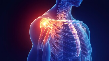 Shoulder pain highlighted in glowing skeleton anatomy illustration