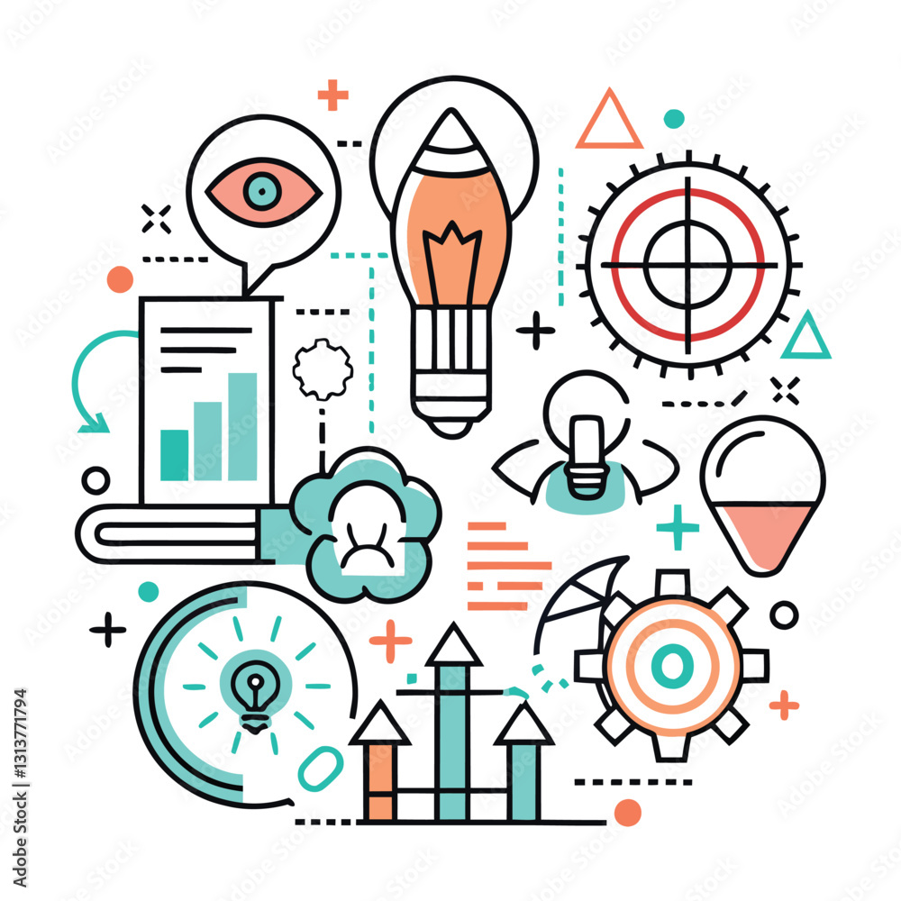 Poster colorful vector illustration showing creative ideas and technology with light bulbs, gears, and vari
