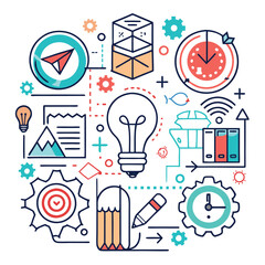 Colorful vector illustration showing creative ideas and technology with light bulbs, gears, and various design elements in a modern style