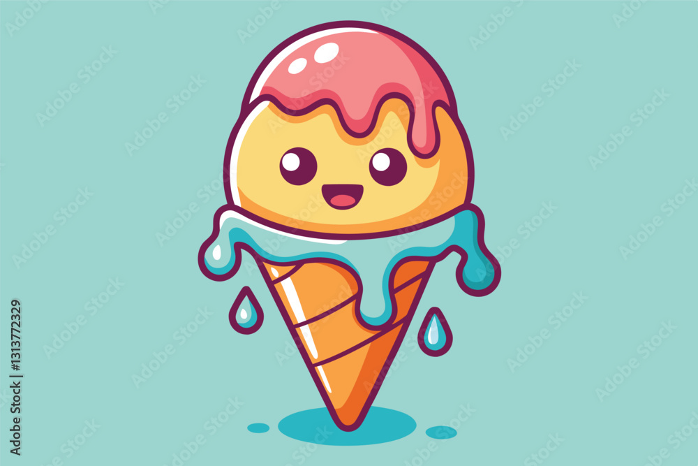 Poster colorful cartoon ice cream cone character with a smiling face and melting details in a playful, chee