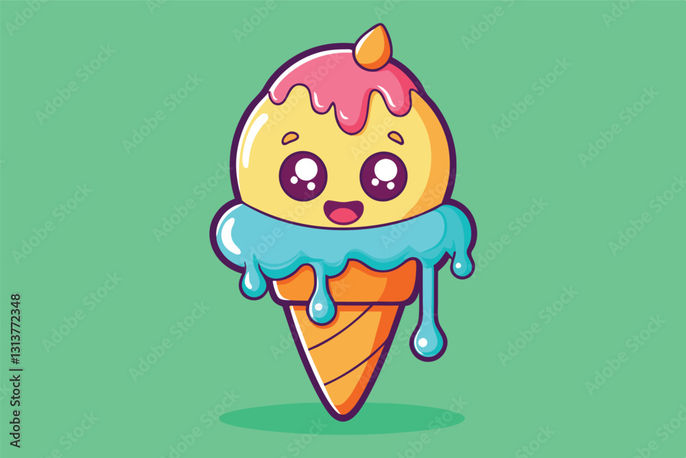 Poster colorful cartoon ice cream cone character with a smiling face and melting details in a playful, chee