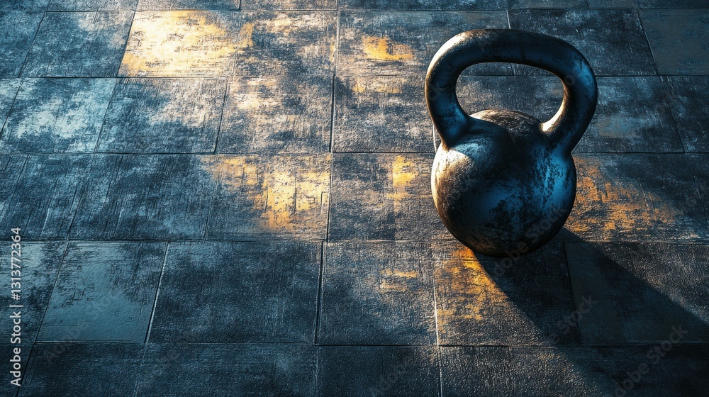 Fototapete kettlebell positioned for workout on textured gym floor with soft light and space for additional tex
