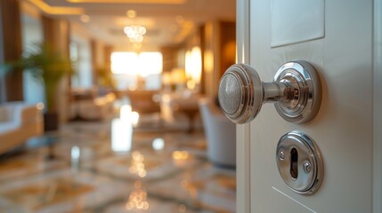 Modern door handle on light interior. Blurred room and natural sunlight in the background. Closeup of front view with copy space