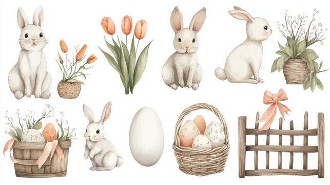 Easter-themed watercolor clip art featuring bunnies, eggs, flowers, and spring decorations