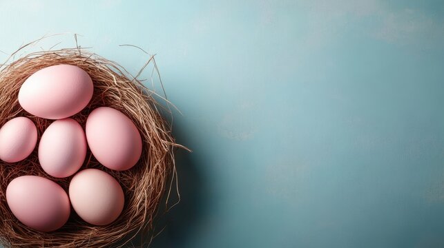 A delightful array of pink eggs arranged within a natural nest, set against a soft blue backdrop, evoking warmth and creativity, perfect for seasonal themes and decorations.