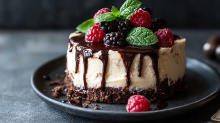 An exquisite blackberry cheesecake layered cake garnished with fresh raspberries, conveying luxury and indulgence, suitable for special occasions and sophisticated dessert lovers.