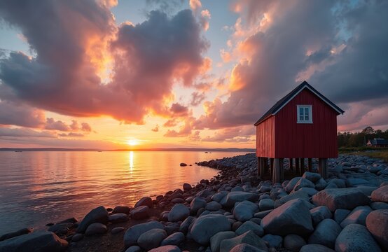 Colorful sunset at coast of Sweden featuring red wooden house on rocky shore. Orange sun reflects water surface. Warm evening light illuminates sky with beautiful clouds. Scenic Swedish landscape.