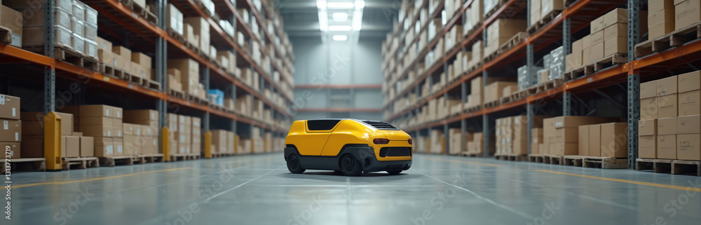 Leinwandbilder automated robot carries packages in modern logistic warehouse. advanced robotic machinery drives box