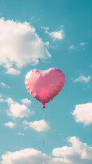Obraz premium Floating Heart: A singular, radiant pink heart-shaped balloon soars high against a breathtaking canvas of a bright blue sky. The scene evokes feelings of love, hope, and the lightness of air.