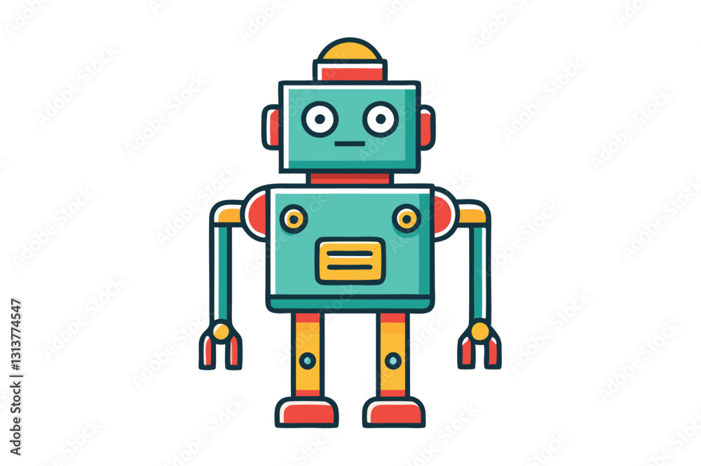 Poster Colorful vector illustration of a vintage robot character with a friendly expression and mechanical features standing on a plain background