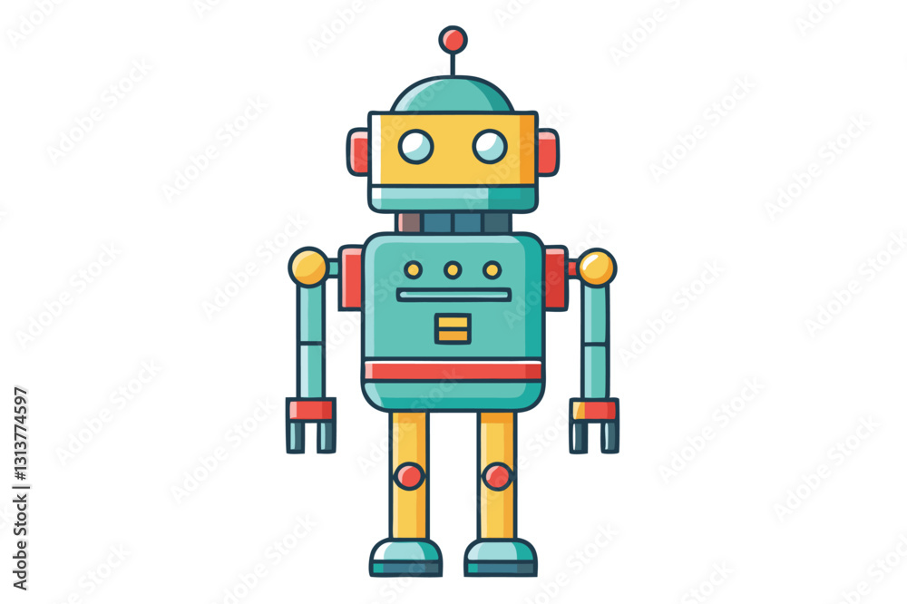 Aufkleber Colorful vector illustration of a vintage robot character with a friendly expression and mechanical features standing on a plain background