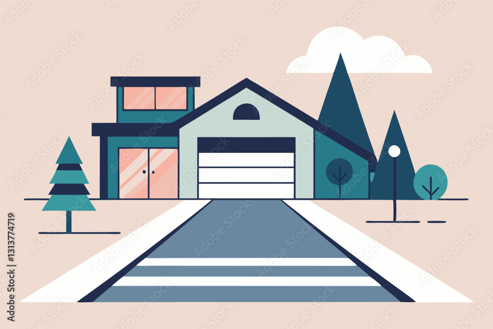 Poster modern vector illustration of a stylish house with a unique design in a serene landscape during a br
