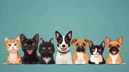 Obraz premium A colorful illustration of various cats and dogs lined up, showcasing their playful expressions.