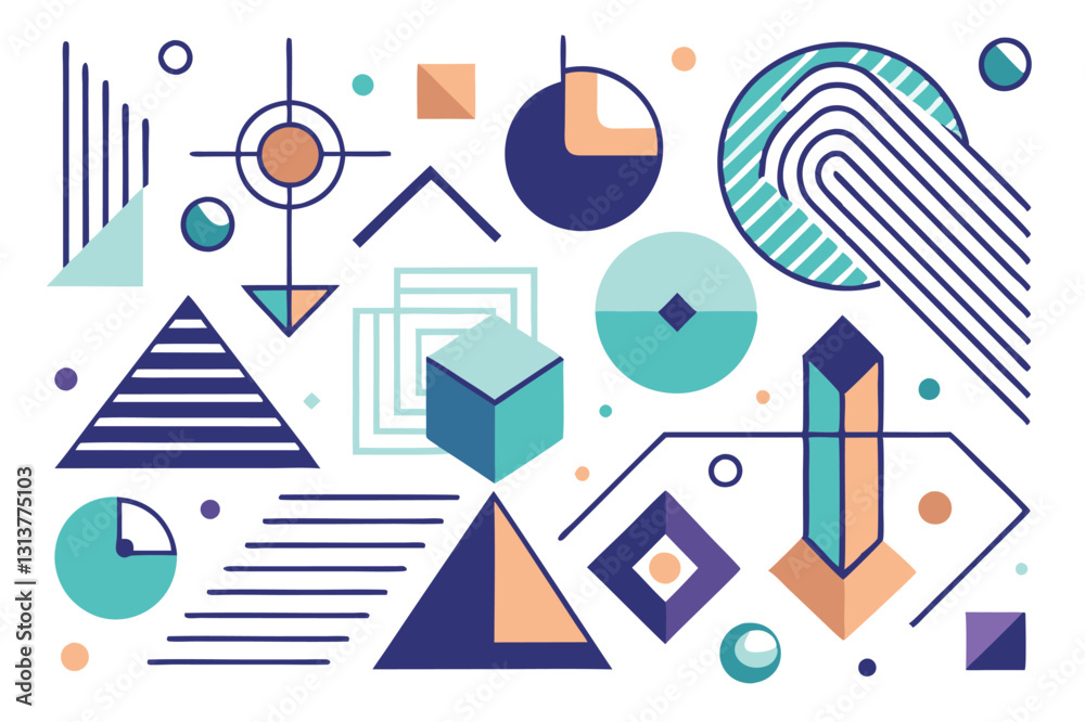 Poster Vector illustration of abstract geometric shapes featuring circles, lines, and triangles in various colors and arrangements designed for digital backgrounds or art projects