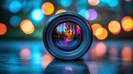 Close-up lens reflecting city lights