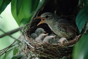 Mother bird sitting in her nest with four baby birds, depicting parental instinct and care.