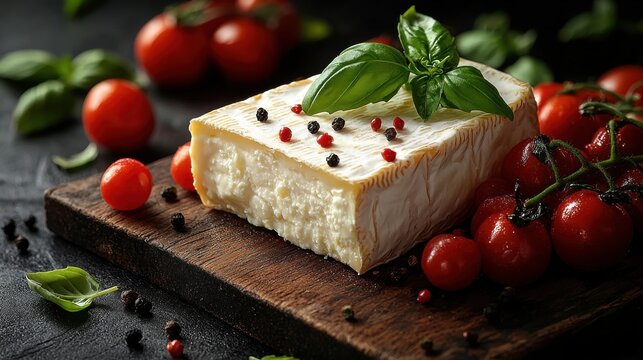 a wedge of creamy cheese garnished with fresh basil and surrounded by ripe cherry tomatoes perfect for food enthusiasts and culinary presentations showcasing a taste of italian cuisine
