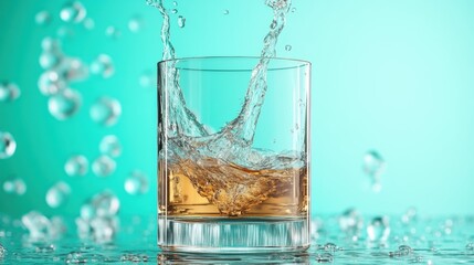 This compelling image features a glass of whiskey with a dramatic splash against an aqua backdrop, highlighting richness and depth of flavor in an artistic way.