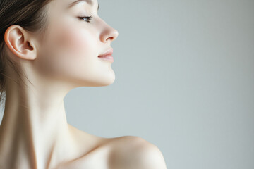 Naklejka premium A stunning close-up profile of a young woman with flawless skin, showcasing her graceful beauty and elegant posture against a soft background