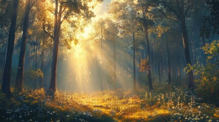 Obraz premium Sunlit forest clearing with flowers and tall trees at golden hour