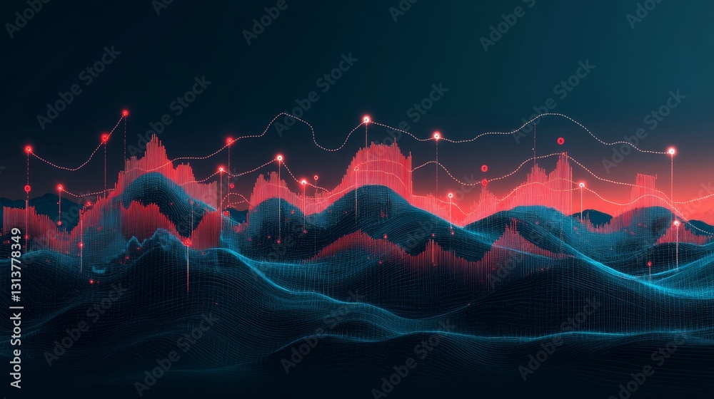 Aufkleber abstract digital landscape futuristic visualization network connection data flow glowing points back