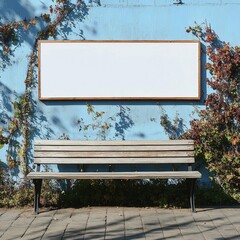 Empty Wooden Bench and Blank Sign on a Light Blue Wall