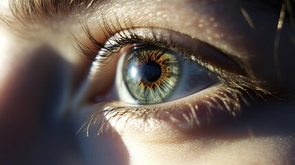 Close up of green eye reflecting sunlight and showing beautiful details