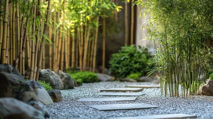 Fototapeta premium Bamboo shoots curving gently in a peaceful Zen garden